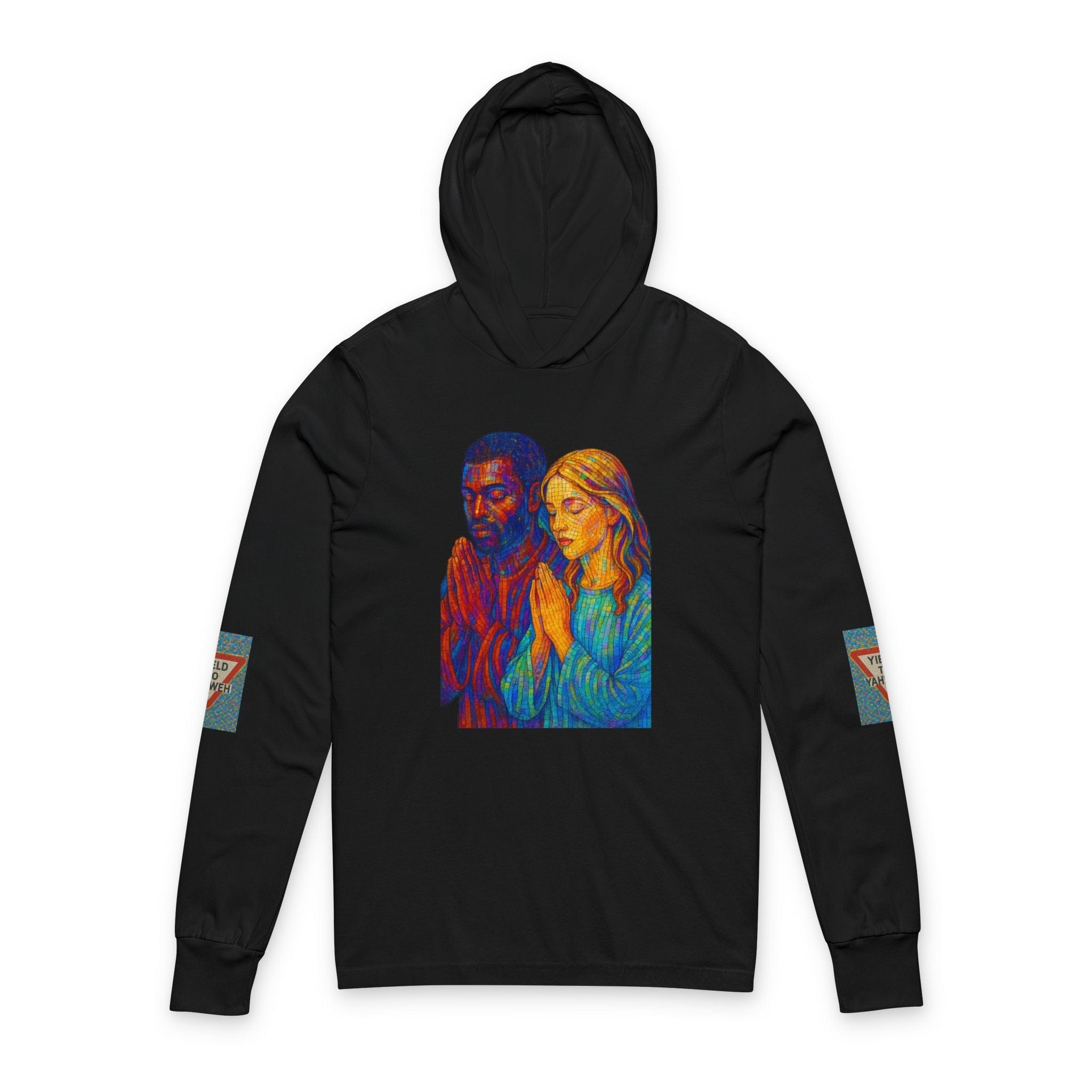 JKFstylez Long-sleeve XS / Black Unisex Vibrant Praying Together Hooded Long Sleeve Tee | Spiritual Gift,