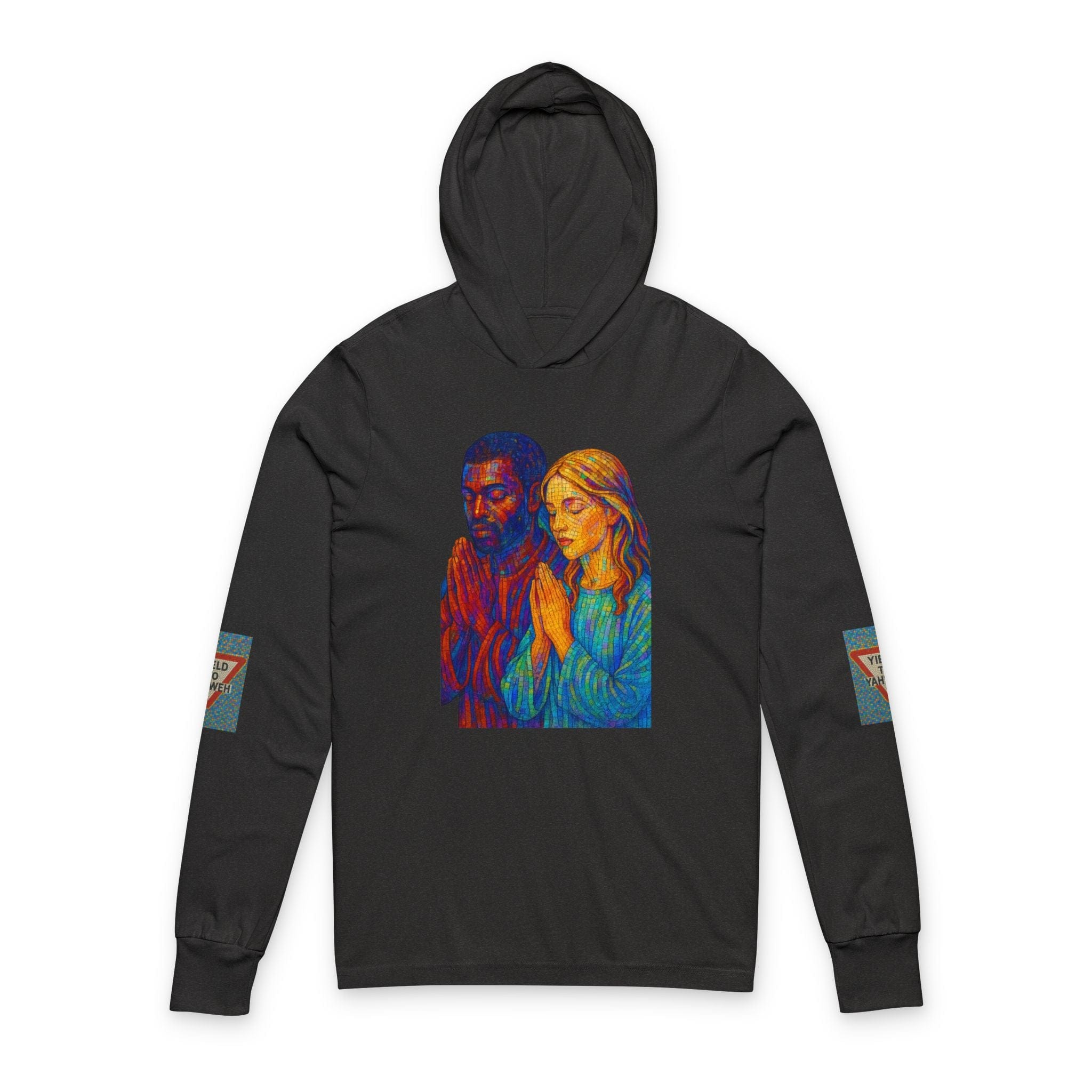 JKFstylez Long-sleeve XS / Charcoal Black TriBlend Unisex Vibrant Praying Together Hooded Long Sleeve Tee | Spiritual Gift,