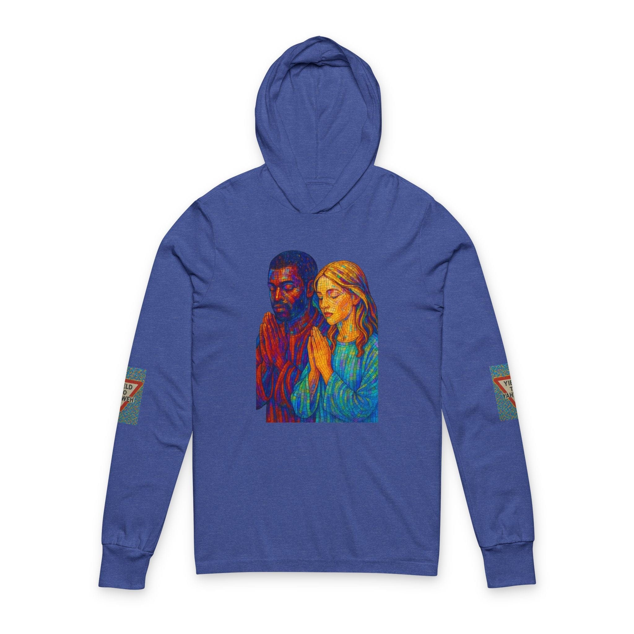 JKFstylez Long-sleeve XS / Heather True Royal Unisex Vibrant Praying Together Hooded Long Sleeve Tee | Spiritual Gift,