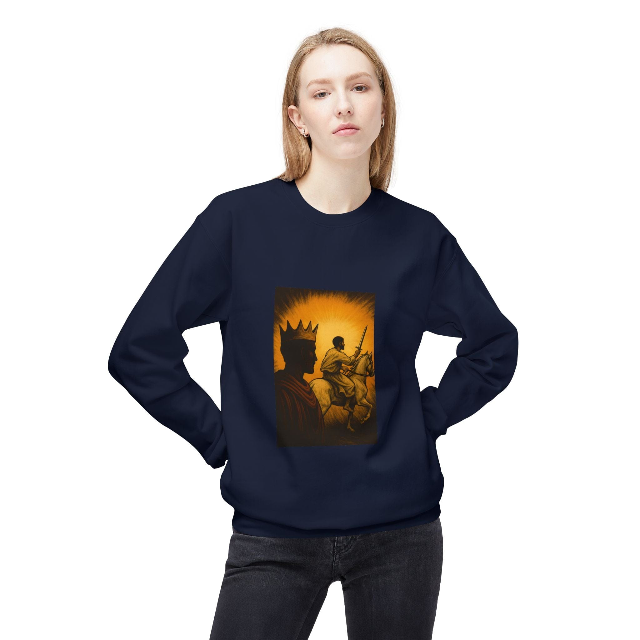 JKFstylez Sweatshirt Regal Warrior Fleece Crewneck Sweatshirt, Cozy Gift for Him/Her, Art-Inspired Apparel, Perfect for Casual Wear and Celebrations