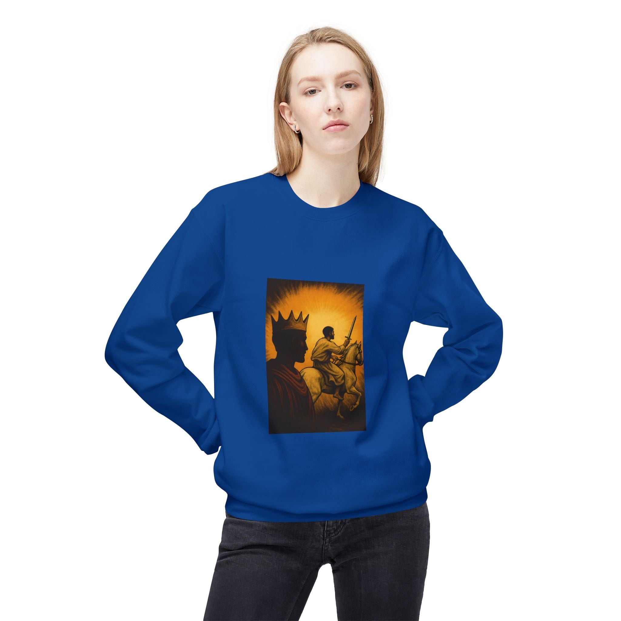 JKFstylez Sweatshirt Regal Warrior Fleece Crewneck Sweatshirt, Cozy Gift for Him/Her, Art-Inspired Apparel, Perfect for Casual Wear and Celebrations