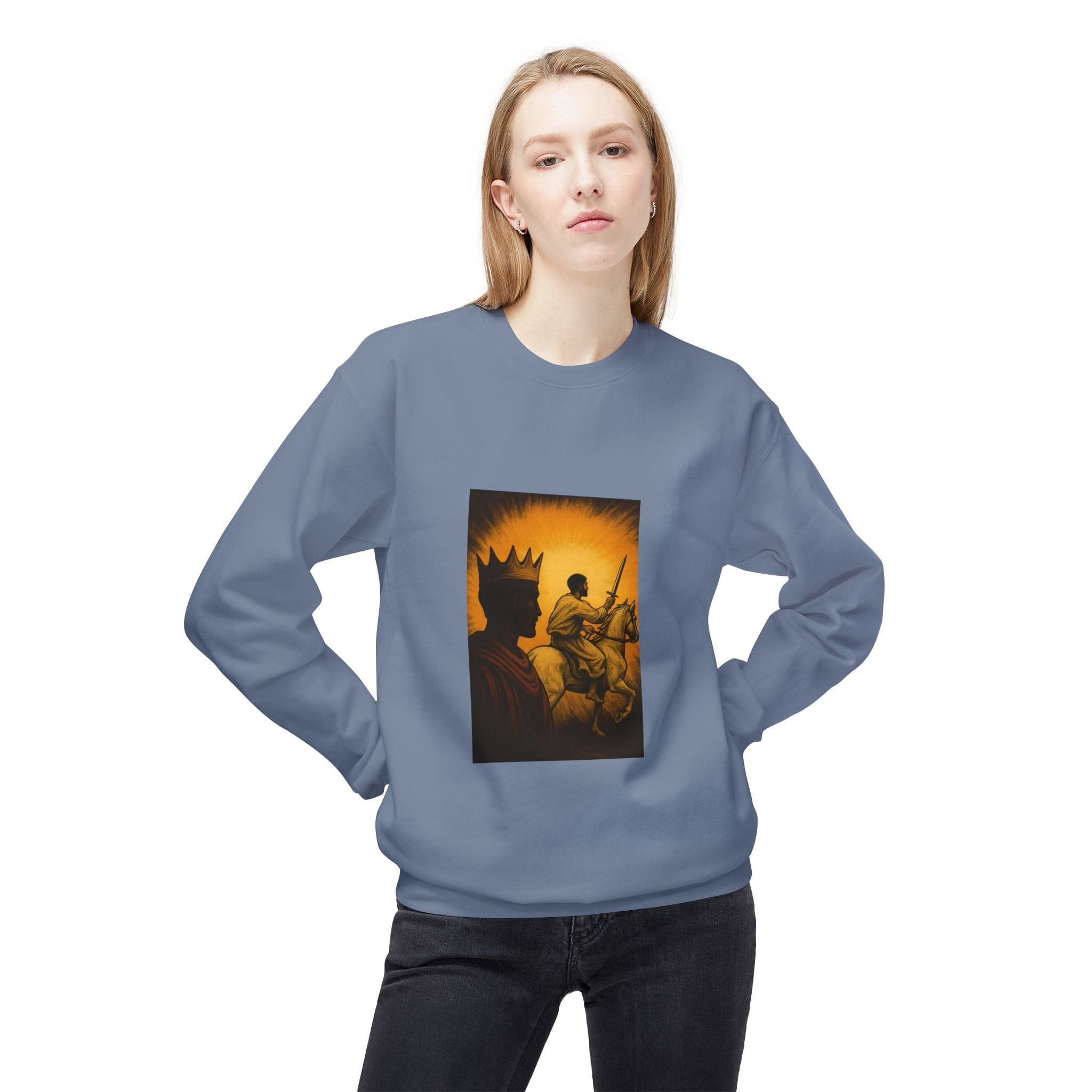 JKFstylez Sweatshirt Regal Warrior Fleece Crewneck Sweatshirt, Cozy Gift for Him/Her, Art-Inspired Apparel, Perfect for Casual Wear and Celebrations