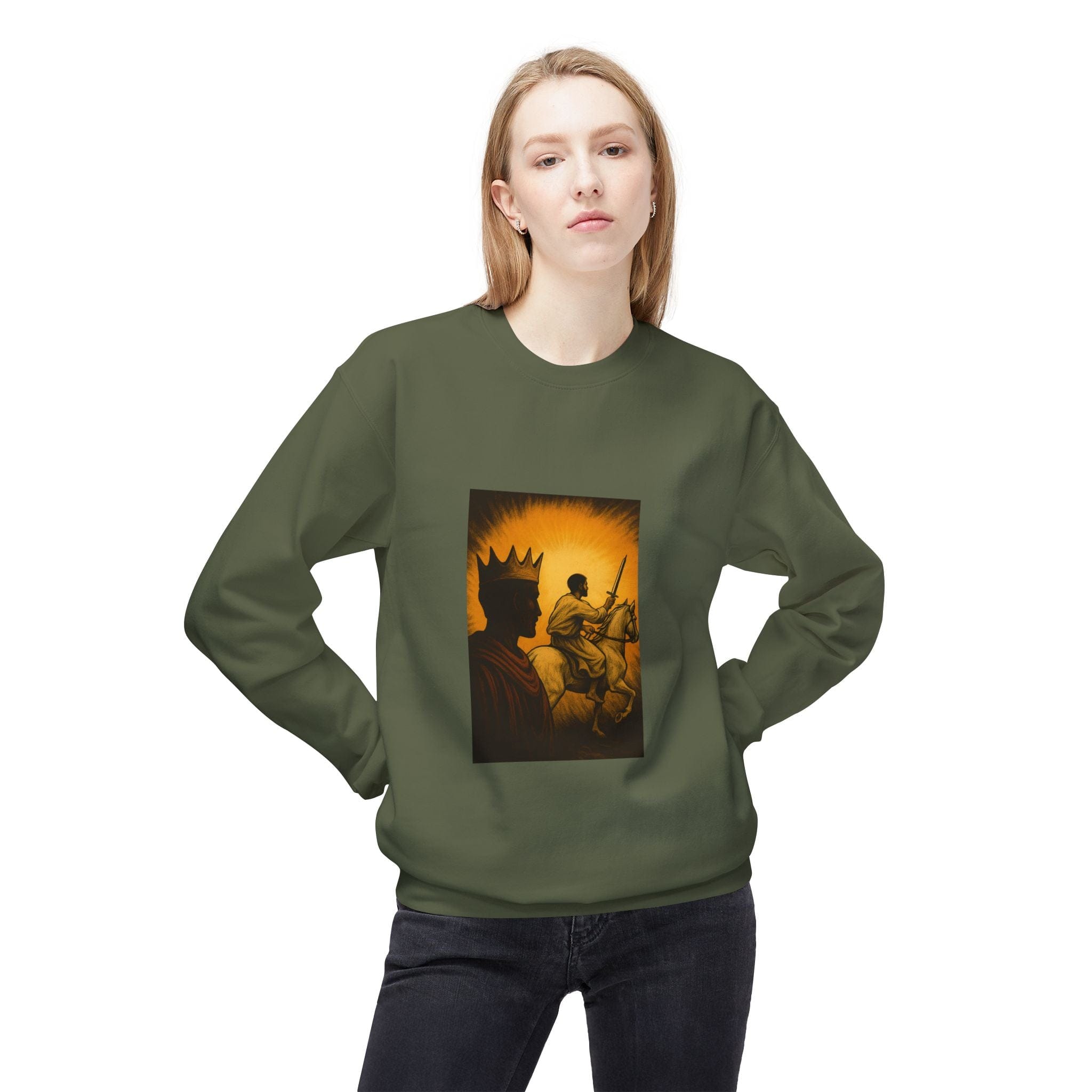 JKFstylez Sweatshirt Regal Warrior Fleece Crewneck Sweatshirt, Cozy Gift for Him/Her, Art-Inspired Apparel, Perfect for Casual Wear and Celebrations