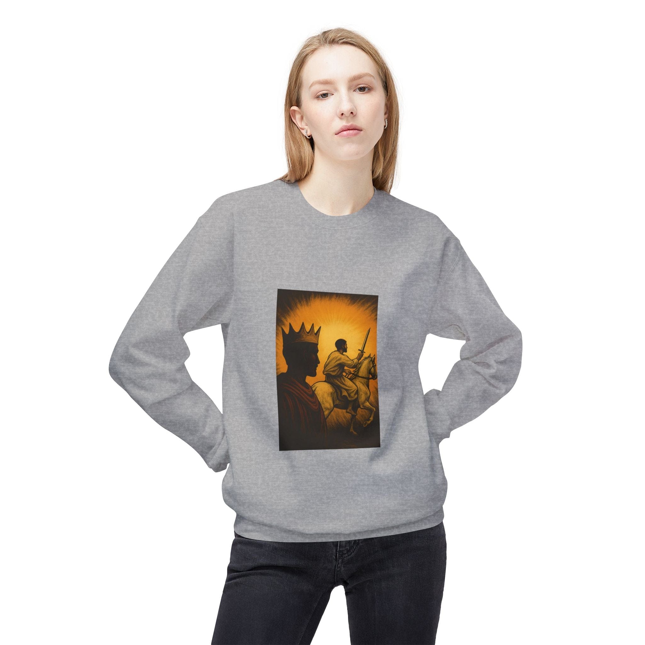 JKFstylez Sweatshirt Regal Warrior Fleece Crewneck Sweatshirt, Cozy Gift for Him/Her, Art-Inspired Apparel, Perfect for Casual Wear and Celebrations