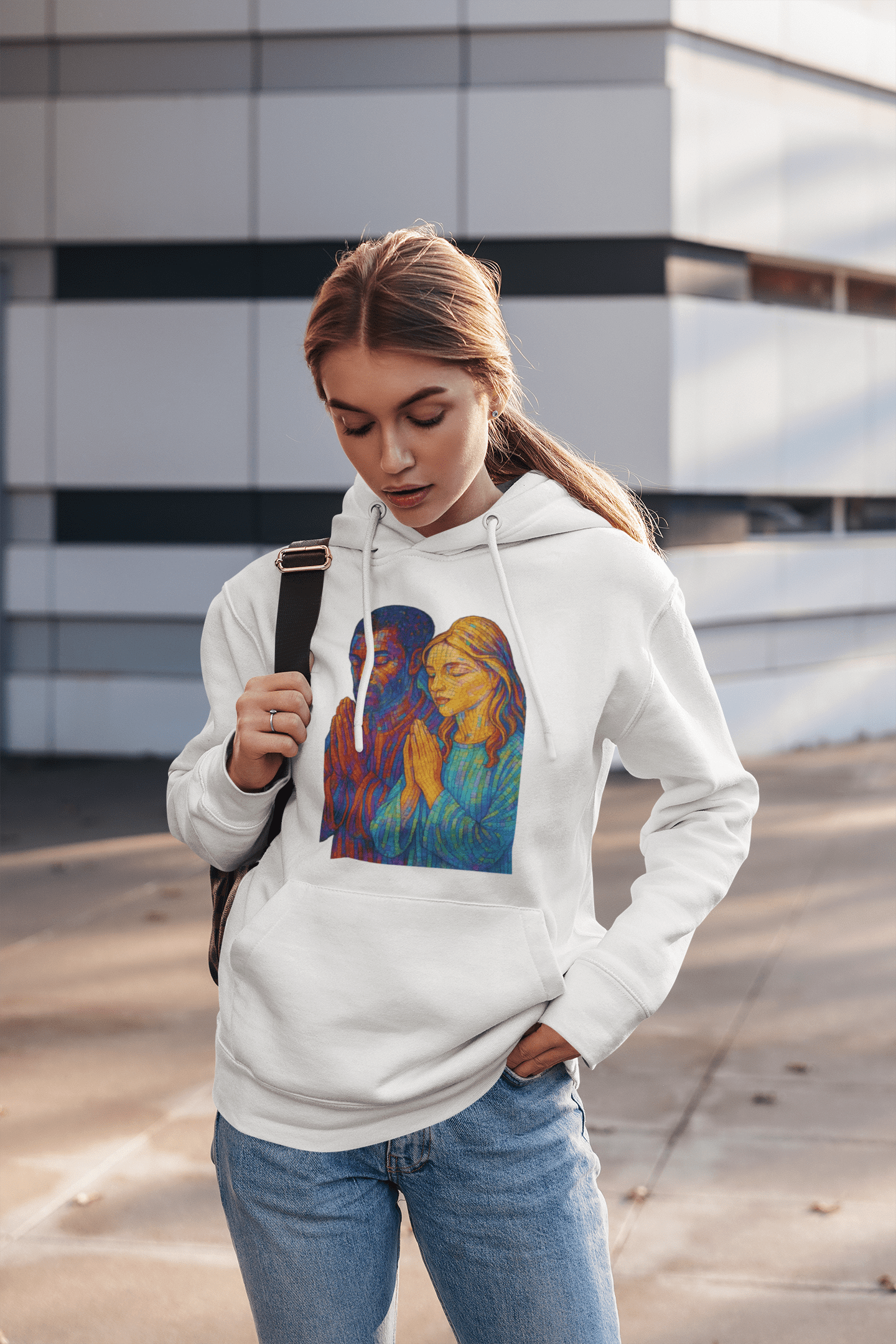 JKFstylez Long-sleeve Unisex Vibrant Praying Together Hooded Long Sleeve Tee | Spiritual Gift,