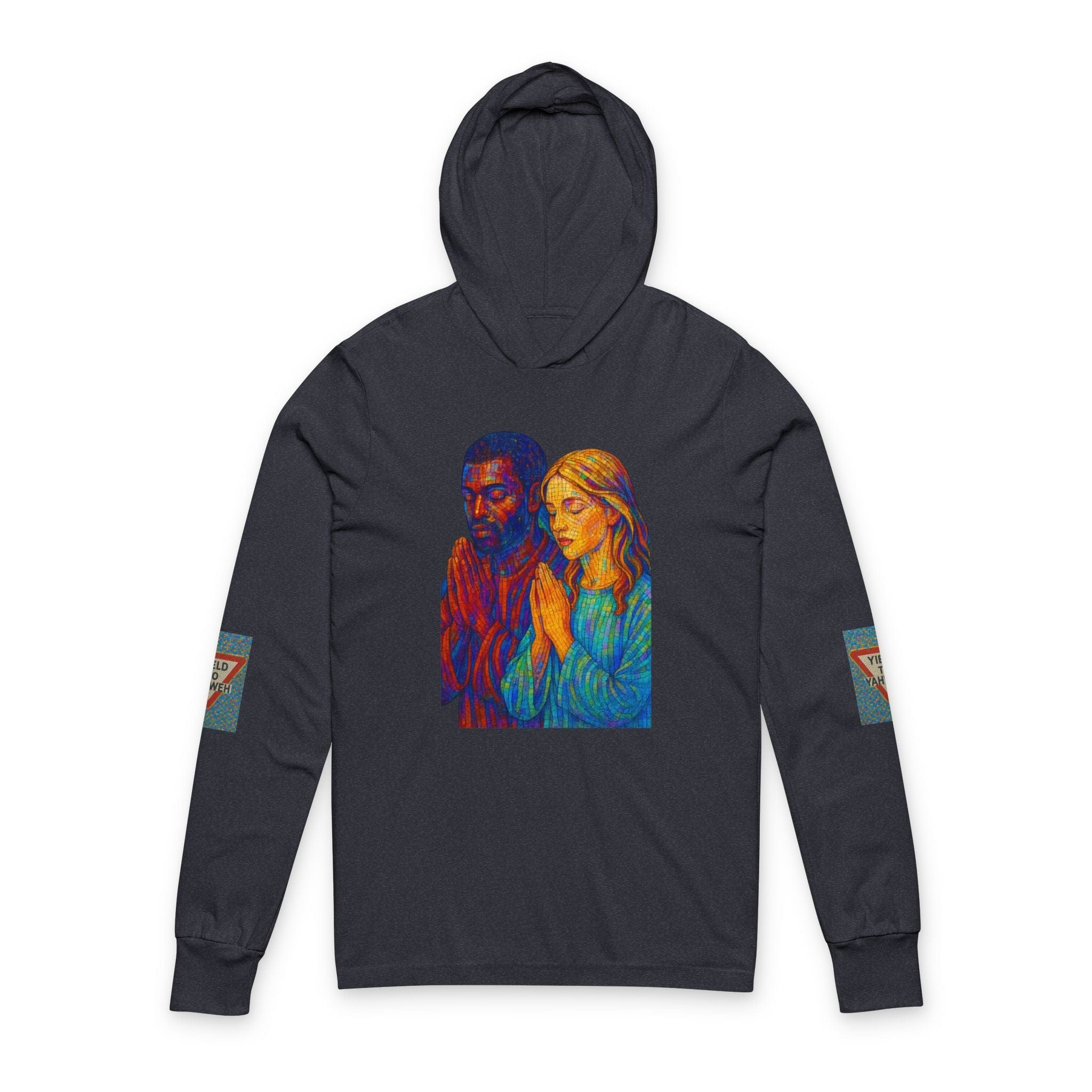 JKFstylez Long-sleeve XS / Heather Navy Unisex Vibrant Praying Together Hooded Long Sleeve Tee | Spiritual Gift,