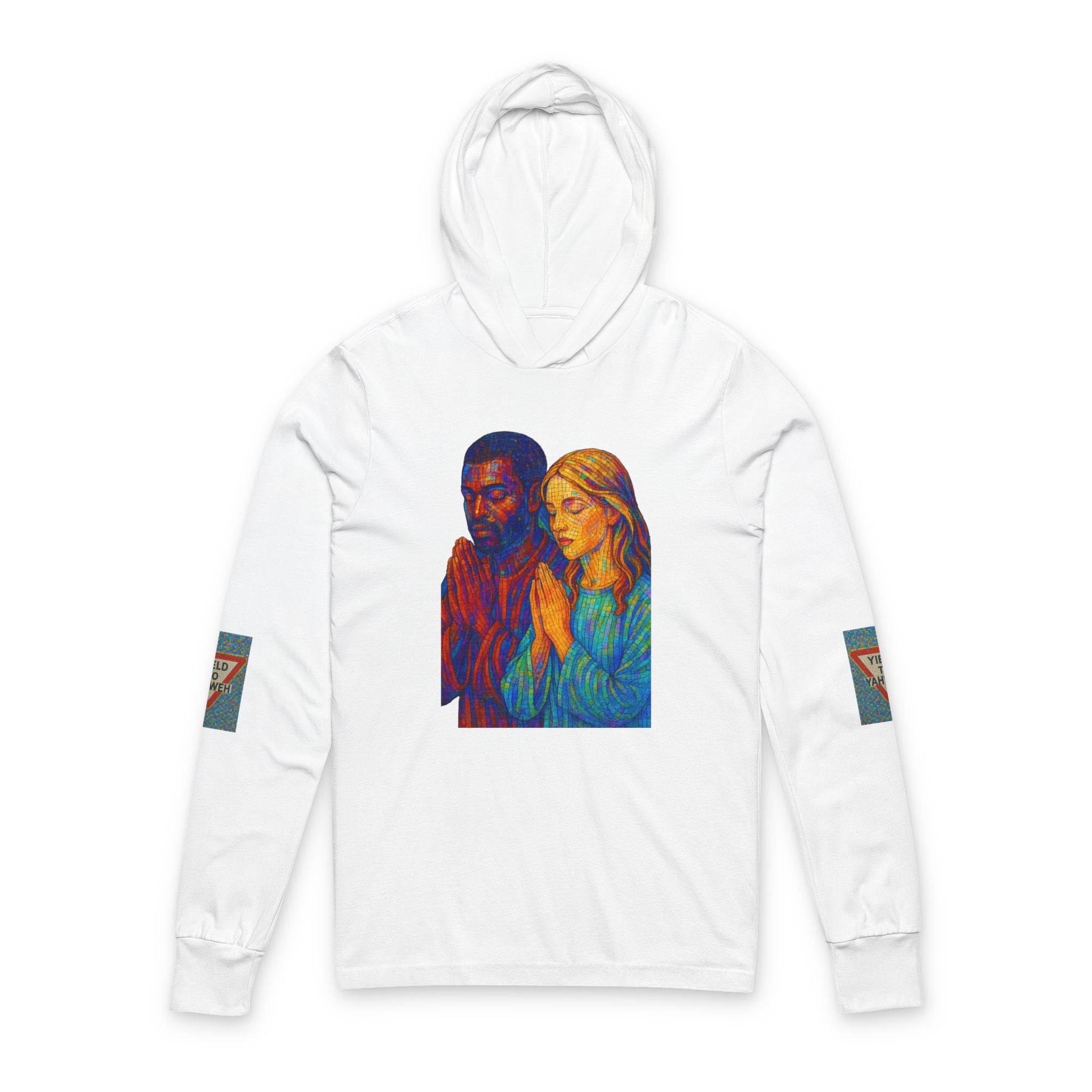JKFstylez Long-sleeve XS / White Unisex Vibrant Praying Together Hooded Long Sleeve Tee | Spiritual Gift,