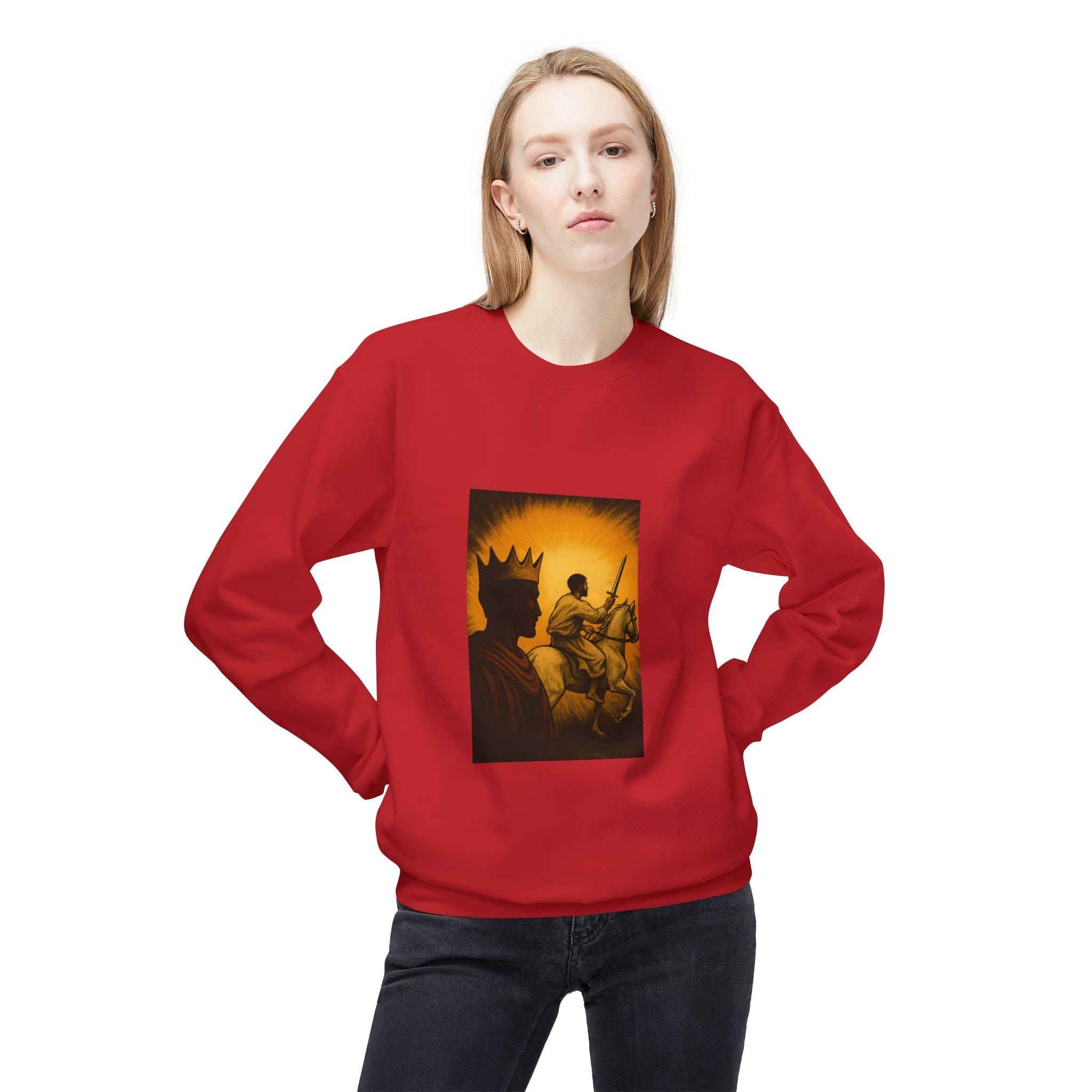 JKFstylez Sweatshirt Regal Warrior Fleece Crewneck Sweatshirt, Cozy Gift for Him/Her, Art-Inspired Apparel, Perfect for Casual Wear and Celebrations