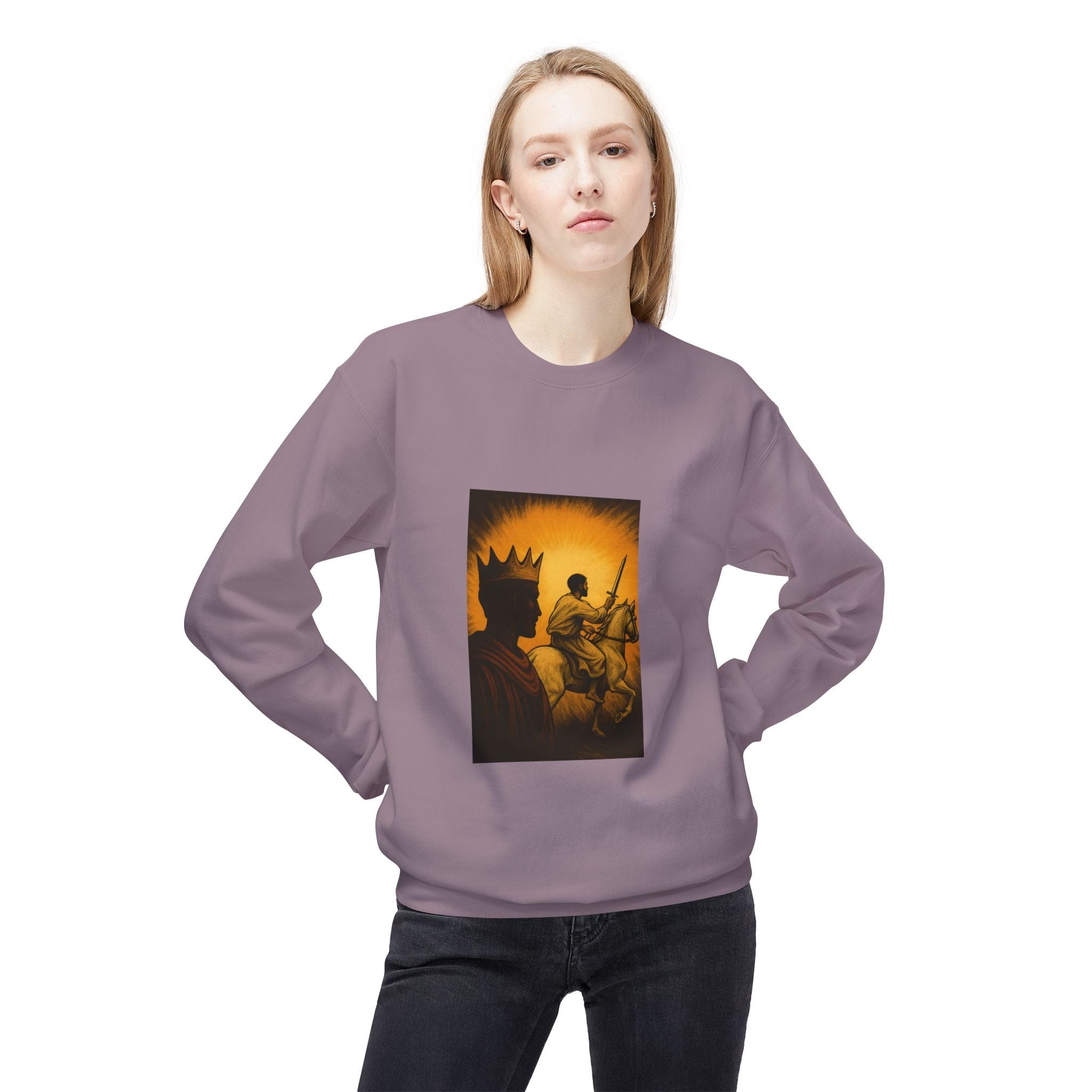 JKFstylez Sweatshirt Regal Warrior Fleece Crewneck Sweatshirt, Cozy Gift for Him/Her, Art-Inspired Apparel, Perfect for Casual Wear and Celebrations