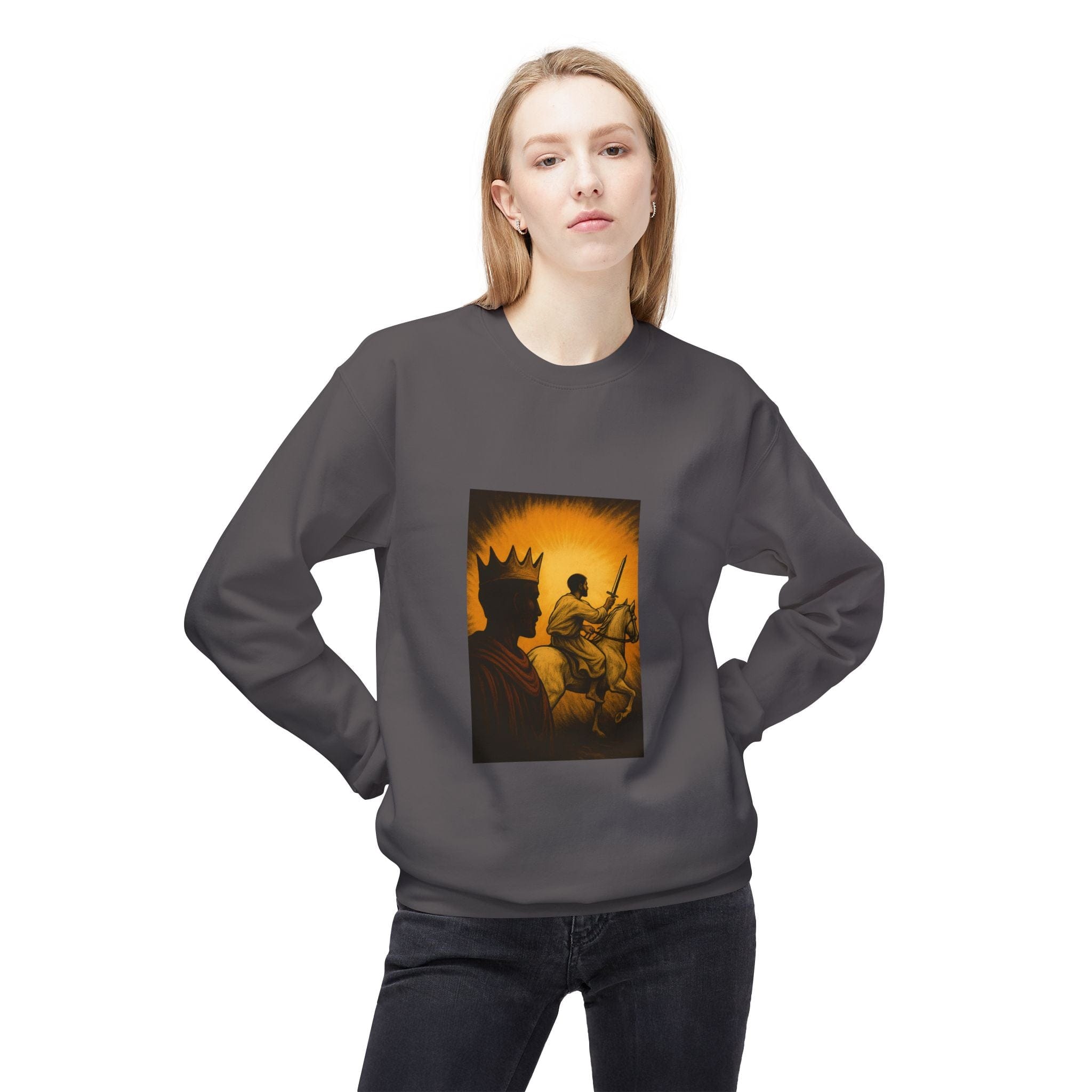 JKFstylez Sweatshirt Regal Warrior Fleece Crewneck Sweatshirt, Cozy Gift for Him/Her, Art-Inspired Apparel, Perfect for Casual Wear and Celebrations