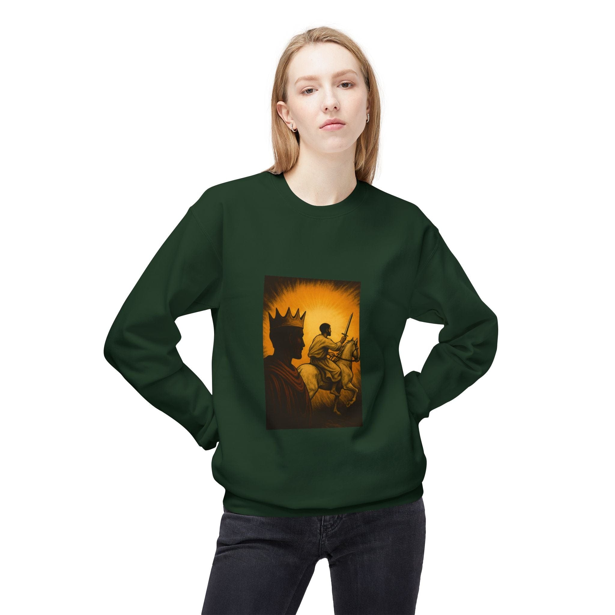 JKFstylez Sweatshirt Regal Warrior Fleece Crewneck Sweatshirt, Cozy Gift for Him/Her, Art-Inspired Apparel, Perfect for Casual Wear and Celebrations