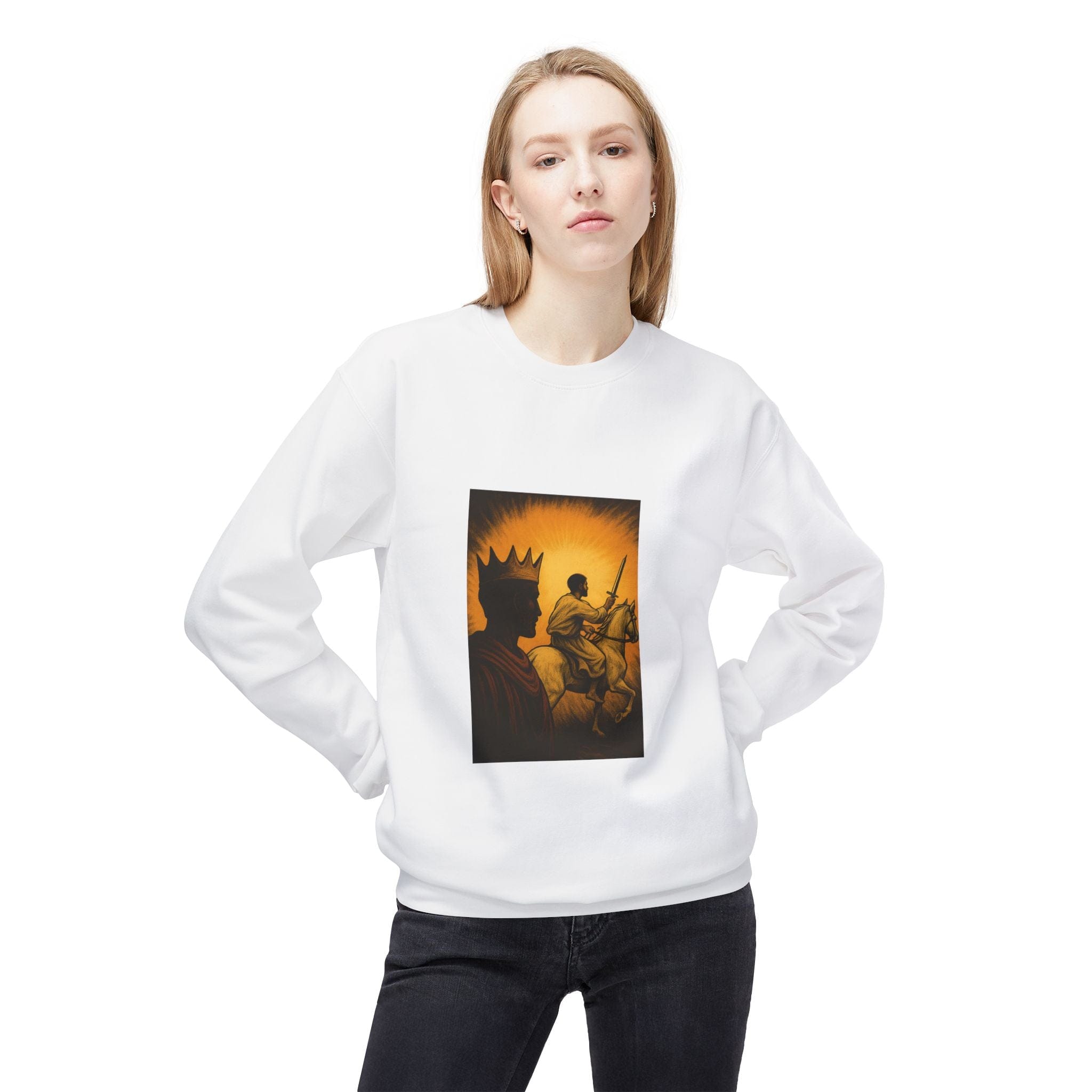 JKFstylez Sweatshirt Regal Warrior Fleece Crewneck Sweatshirt, Cozy Gift for Him/Her, Art-Inspired Apparel, Perfect for Casual Wear and Celebrations